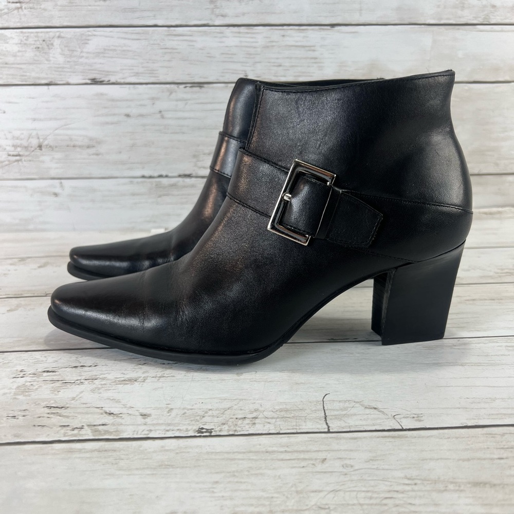 Worthington Leather Booties Black Block Heel ankle Zipper Boots 6 1/2 M